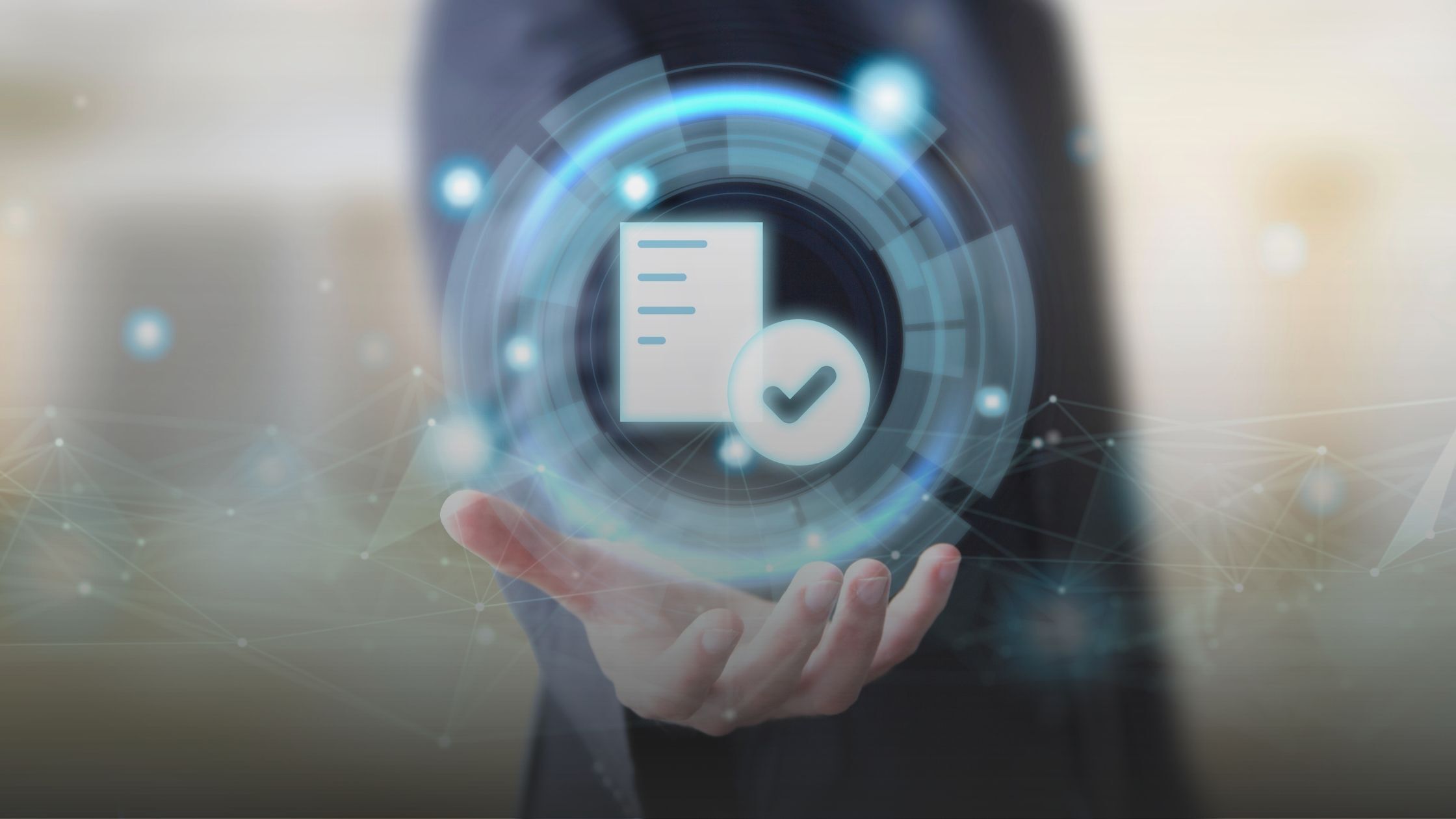 Businessperson presenting a glowing digital contract icon with a checkmark, symbolizing how AI contract data analysis accelerates revenue and builds trust.