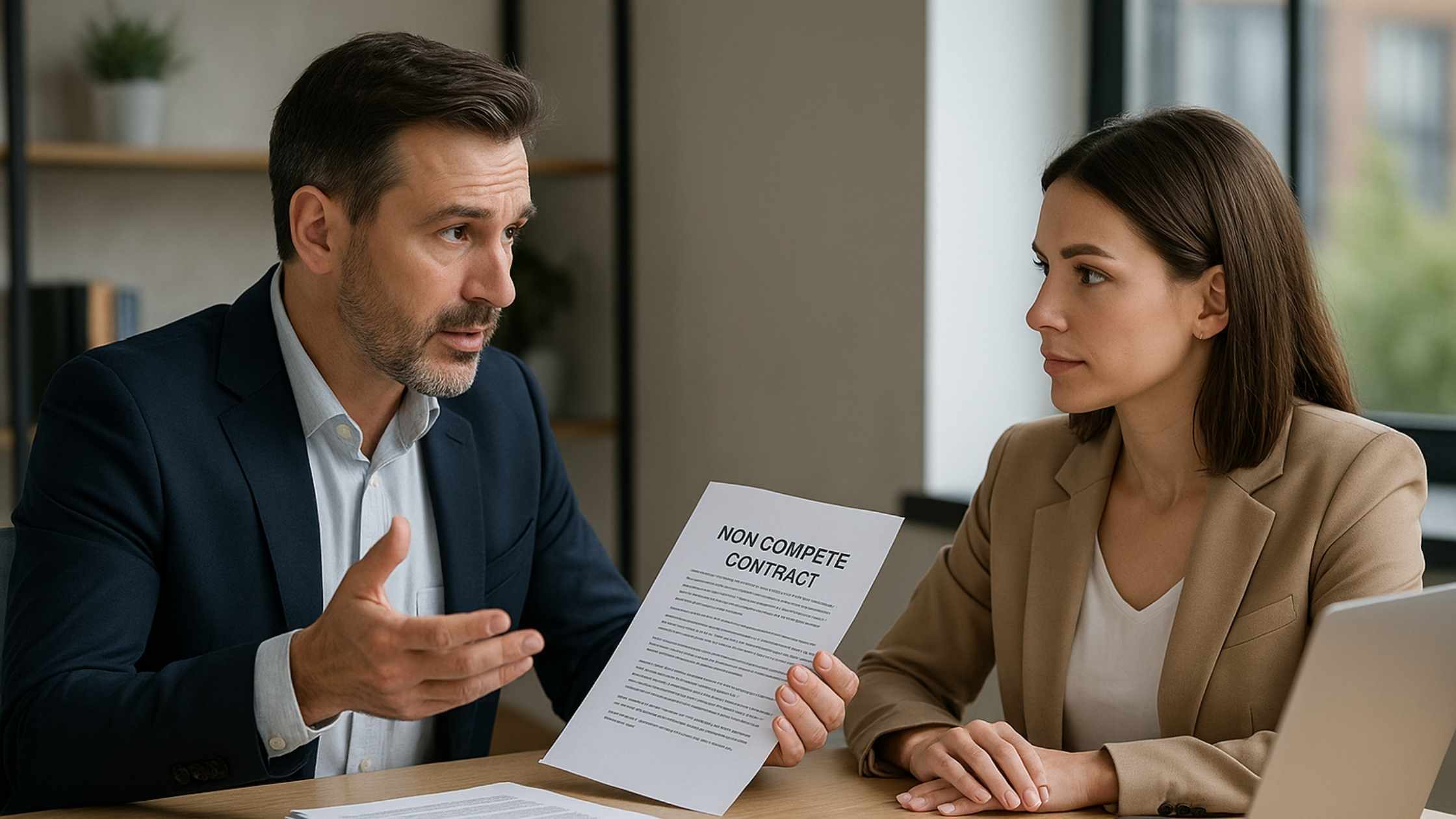 Businessman showing a “Non Compete Contract” document to a colleague.
