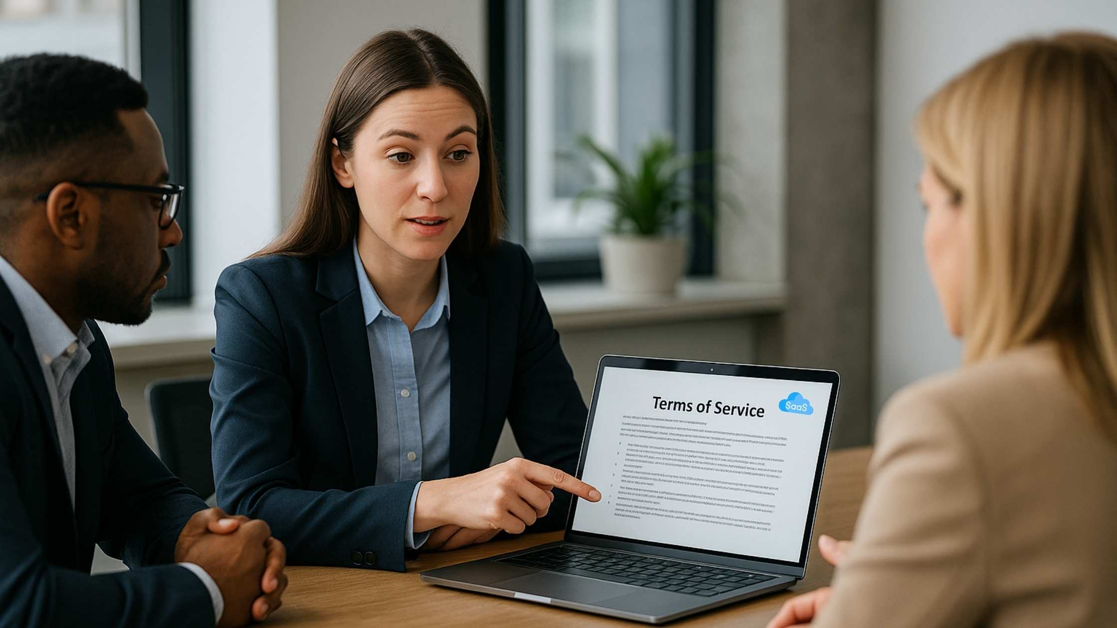 Business team reviewing a SaaS Terms of Service on a laptop.