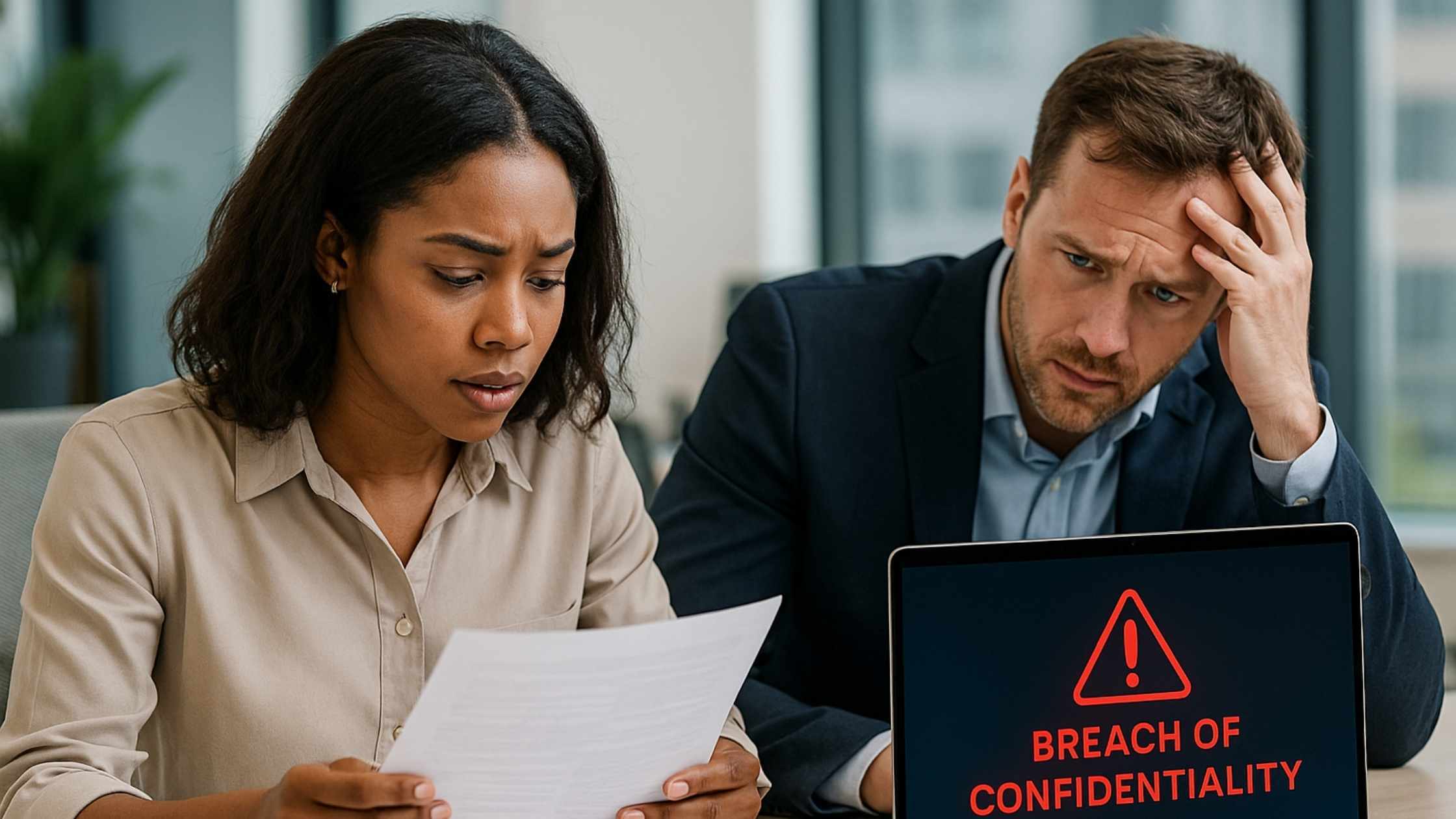 Two colleagues looking worried; a laptop displays “Breach of Confidentiality