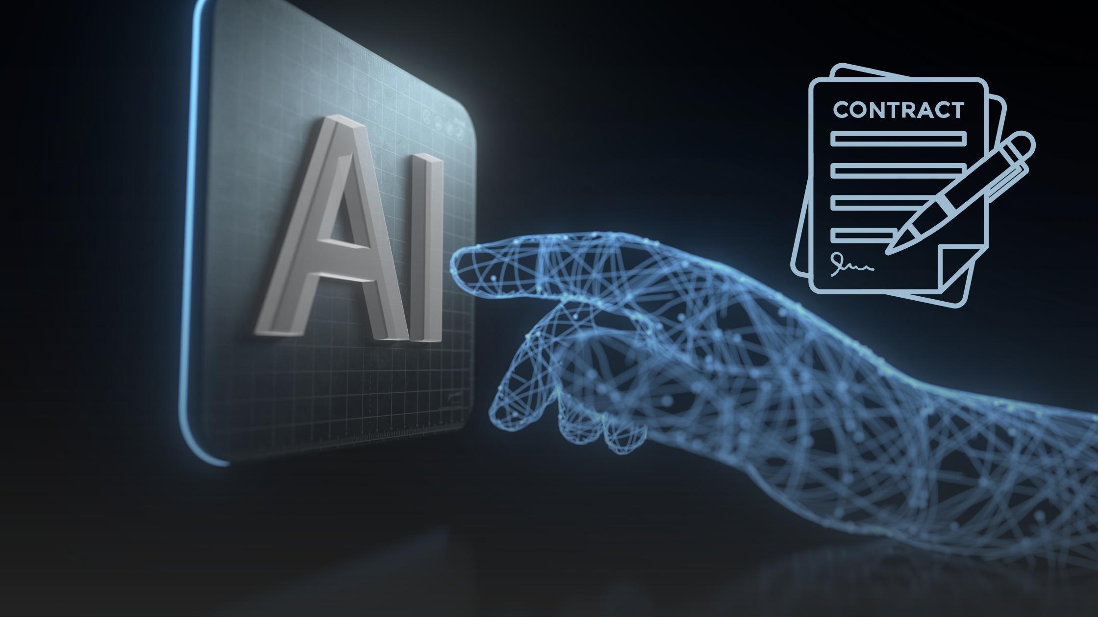 Digital hand activating an AI interface, symbolizing how artificial intelligence enhances intelligent contracts